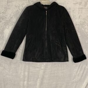 Pierre Cardin Jacket Coat Womens Medium Large Black Faux Fur Lined Hood Full Zip
